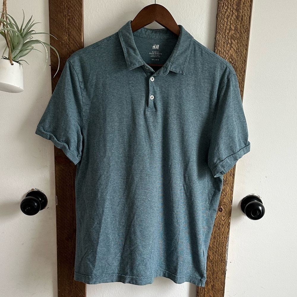 H&M Polo Shirt Mens L Slim Fit Short Sleeve Golf Blue Green Button Up Tee Shirt